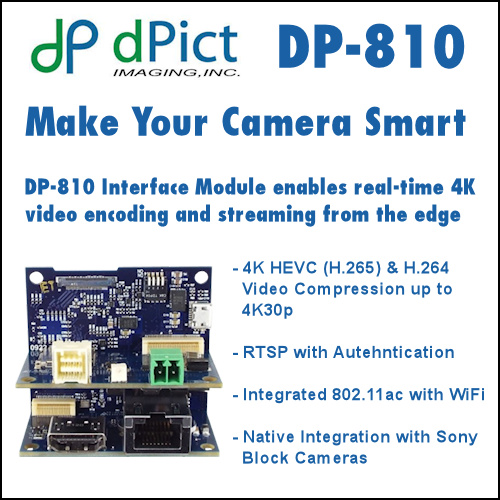 dPict Imaging has launched the DP-810, a new low power Linux-based embedded platform, smart interface board specially designed for 4K Sony Block cameras.