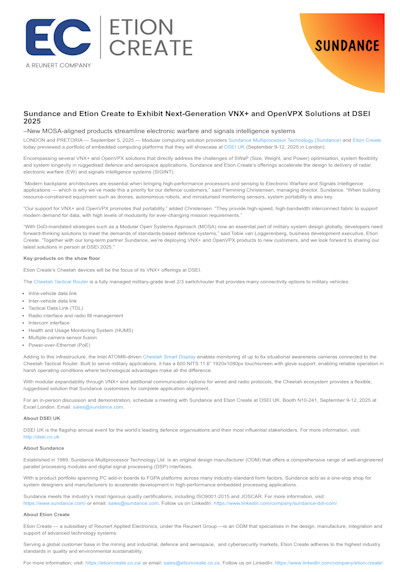 Sundance and Etion Create to Exhibit Next-Generation VNX+ and OpenVPX Solutions at DSEI 2025