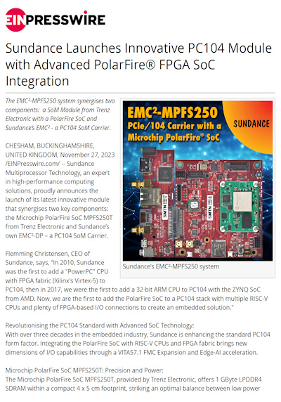 November 2023: EMC²-MPFS250 – PC104 Carrier with a Microchip PolarFire® SoC